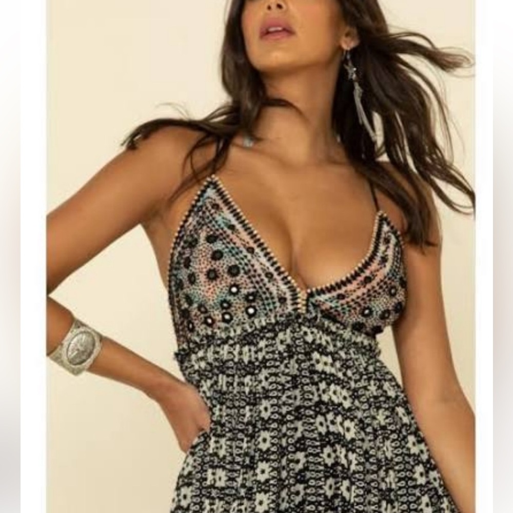 Free People Good Vibes Geometric Print Beaded Sequin Triangle Top Maxi Dress - Picture 16 of 16